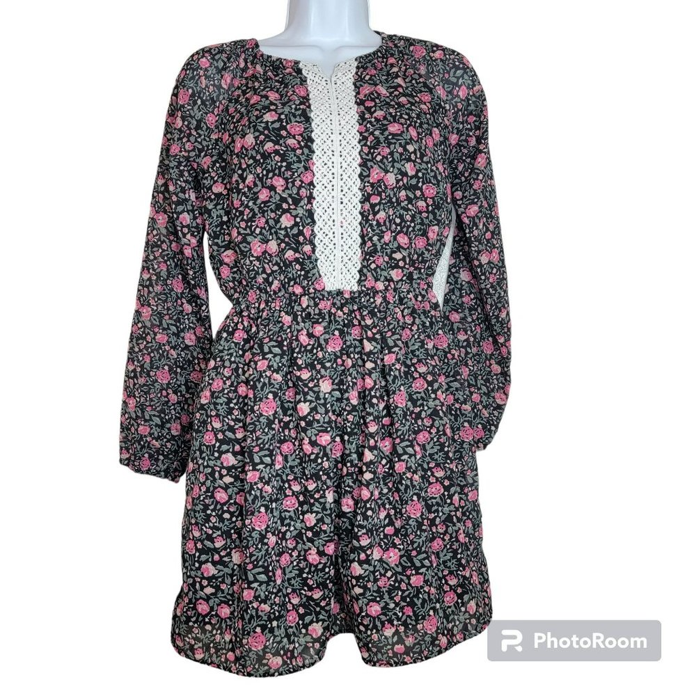 Place Girls Size 14 Black & Pink Floral Dress w/Center Crochet Lace EUC
